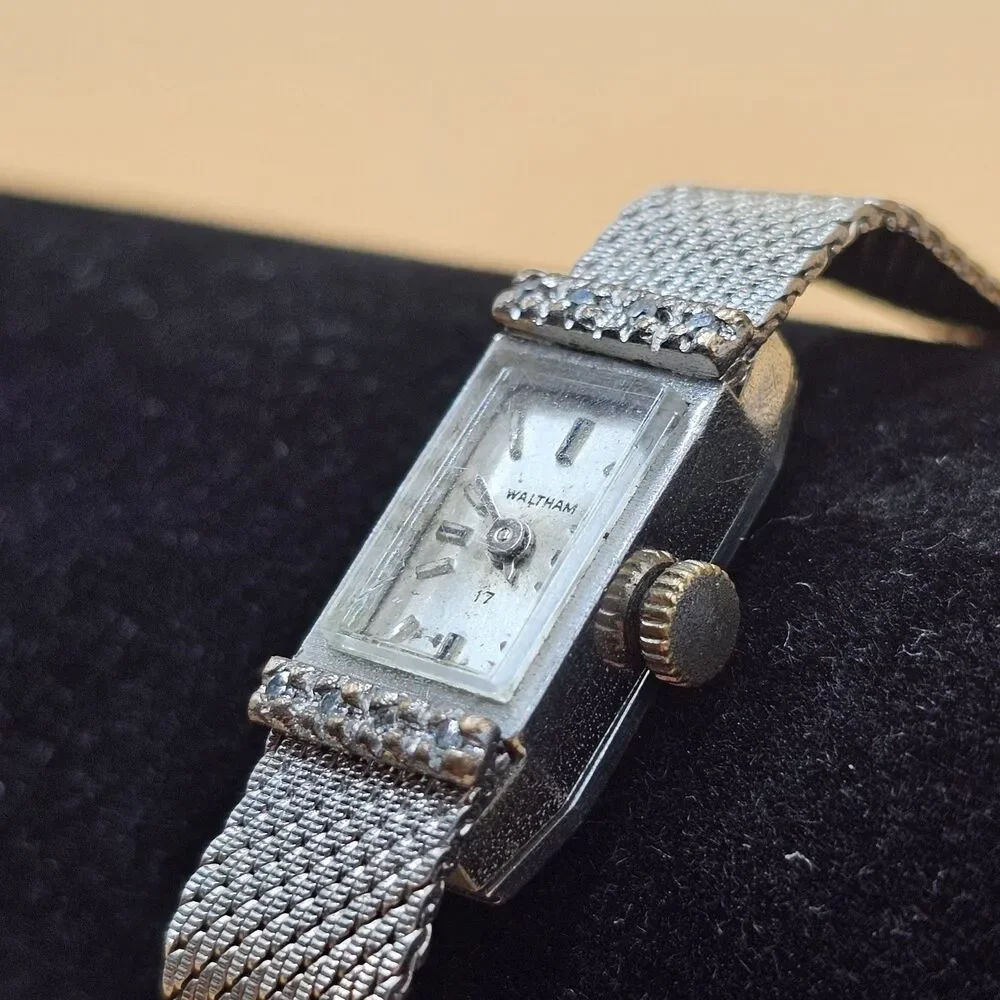Vintage Waltham 17J Diamond Bezel Ladies Tank Watch For Repair